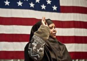 Woman taking oath to become US citizen