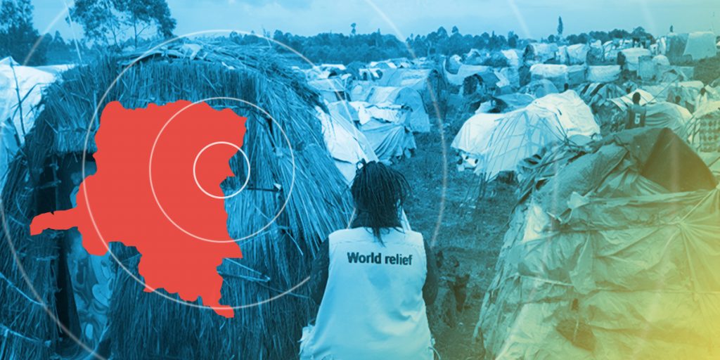 Map of Democratic Republic of Congo with a photo of an IDP camp with a World Relief staff member in the foreground