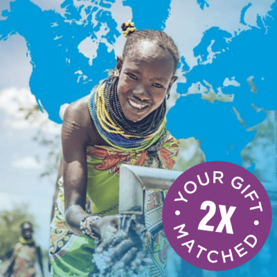 African girl smiling and pumping water. Designed element with Your Gift Matched