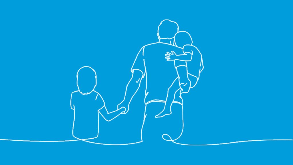 Line drawing of a refugee family on a blue background