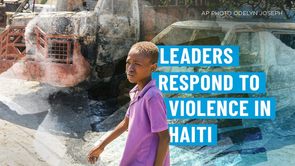 Text that says "leaders respond to violence in haiti" by an image of a young Haitian boy