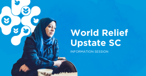 Image of woman in a head covering with a white design behind her head and text reading "World Relief Upstate" information session