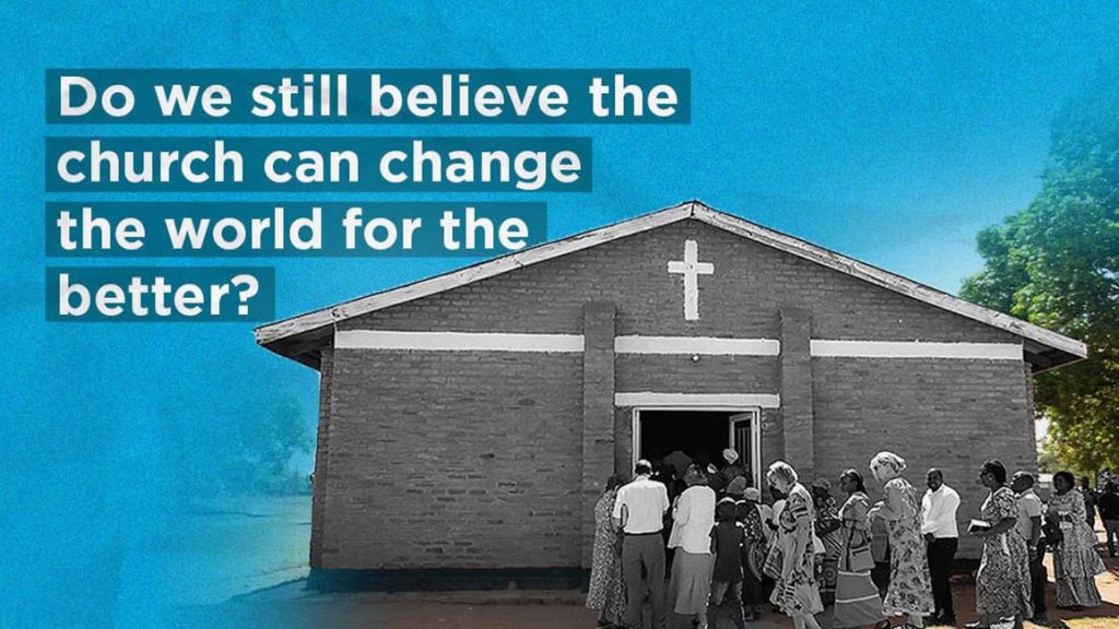 World change church: People entering a church.