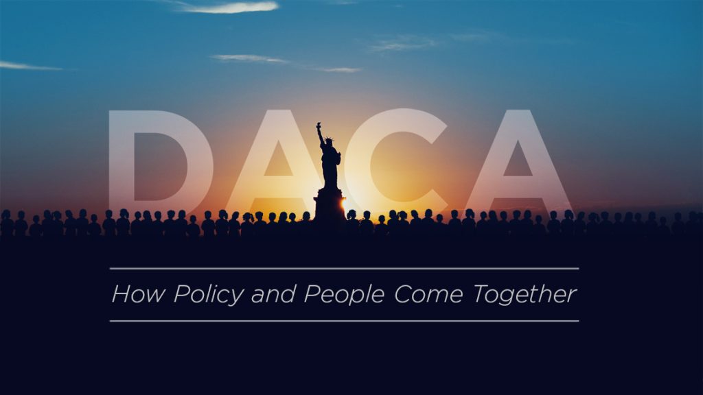 Silhouette of the statue of liberty against a sunrise with silhouettes of children below. Text reads: DACA: How Policy and People Come Together