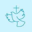 Blue line icon of a dove and a cross