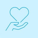 Blue line icon of a hand holding a heart