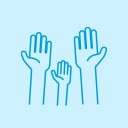 Blue line icon of three raised hands