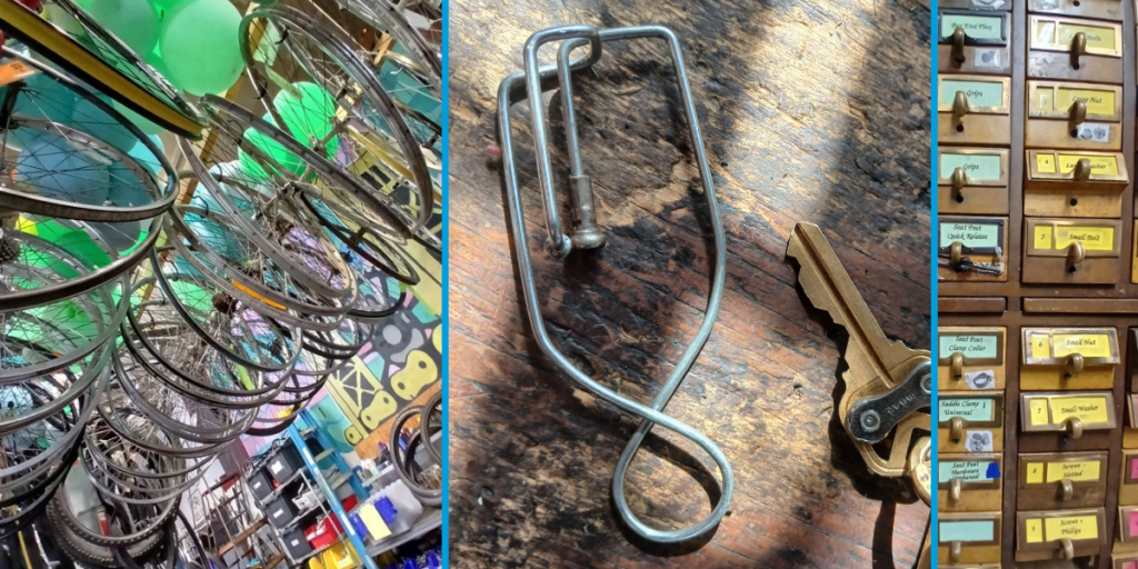 Bikes hanging from racks; tools; and boxes with bike parts are part of the charm of Sacramento Bike Kitchen.