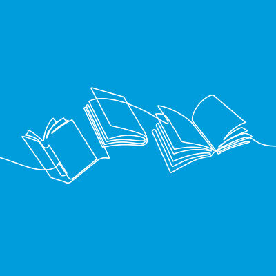White line drawing of books on a blue background